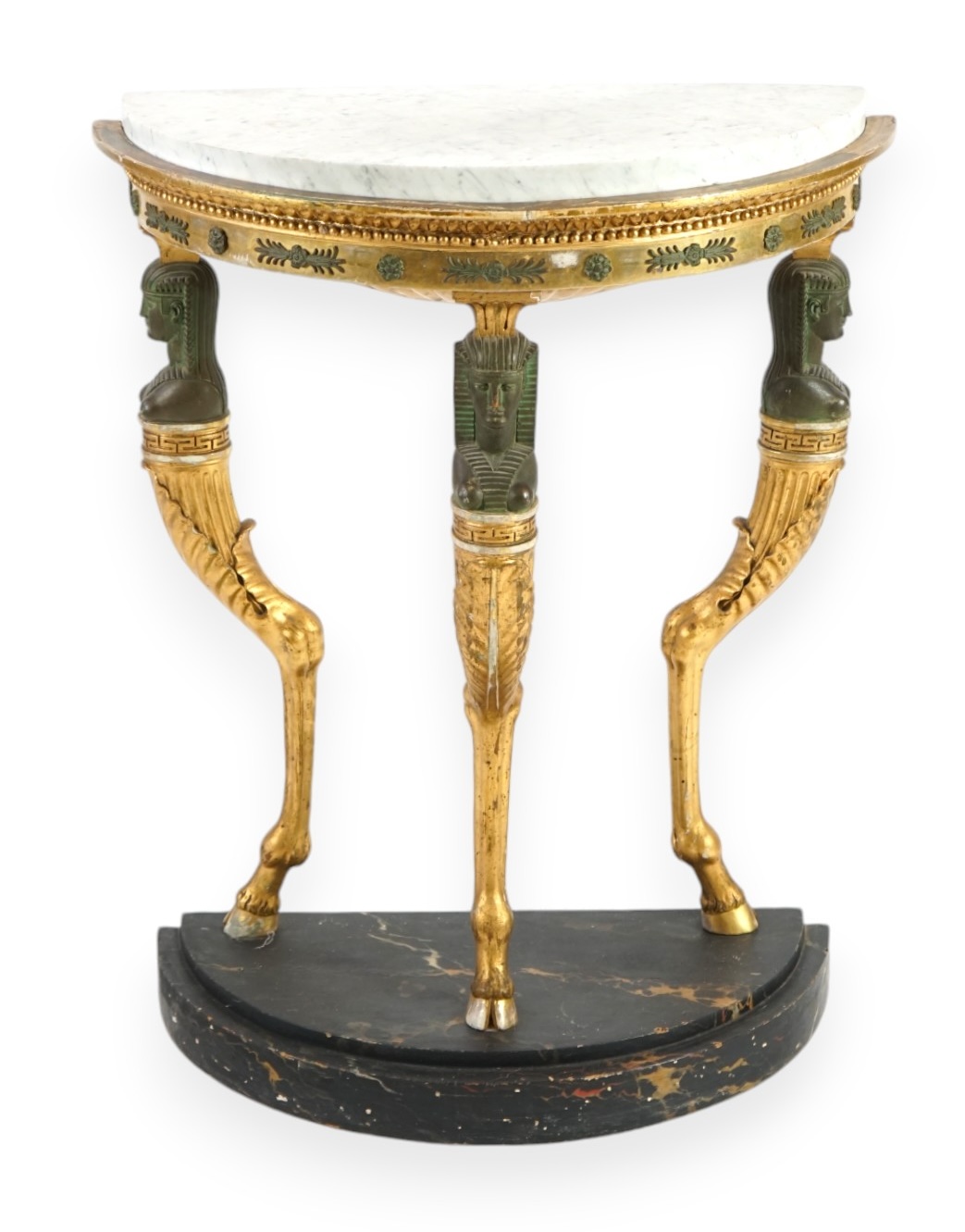 A Regency bronzed and giltwood demi-lune console table, in the manner of Thomas Hope